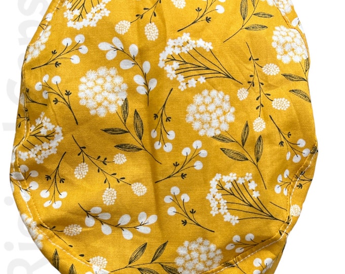 Small Euro Scrub Cap for Women, White Flowers on Mustard Design, Small Euro Scrub Cap, Surgical Cap, Scrub Cap for Women , Surgical Caps