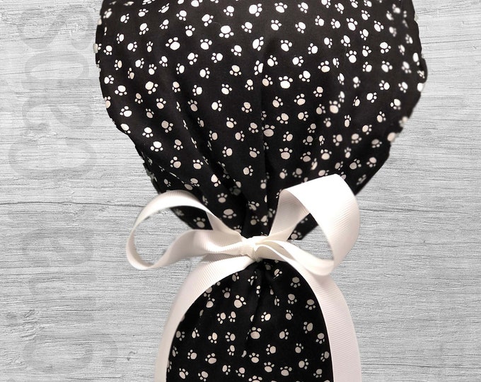 Paw Prints on Black Design Ponytail Scrub Cap for Women, Scrub Hat, Surgical Hat "Riley", Surgical Caps