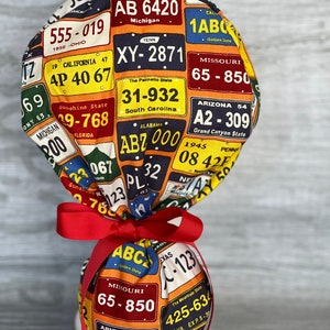 License Plate  Print Ponytail Scrub Cap for Women, Scrub Hat, Surgical Hat