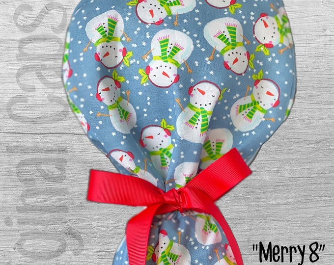 Tossed Snowmen on Blue on Light Blue Print Ponytail Scrub Cap for Women, Scrub Hat, Surgical Hat, Surgical Caps