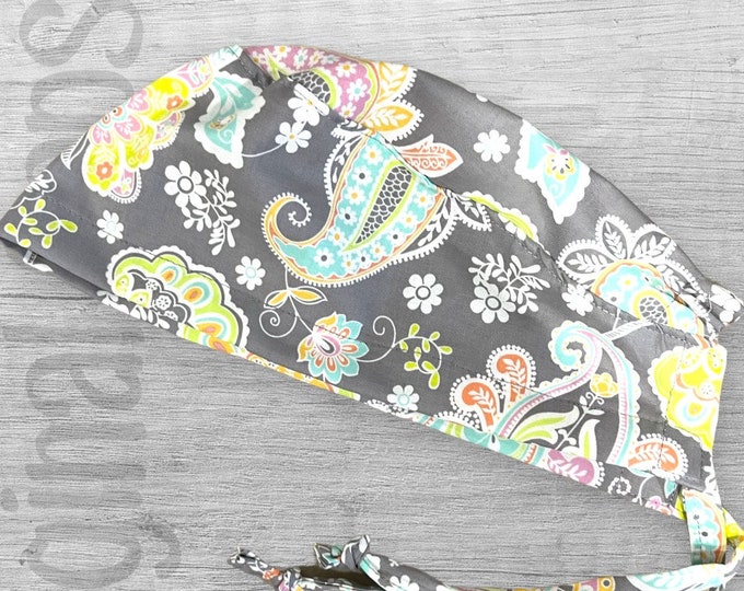 Pastel Paisley on Grey Surgical Scrub Cap, Unisex Scrub Cap, Surgical Caps, Scrub Caps for Women, Scrub Cap for Men, OR Cap