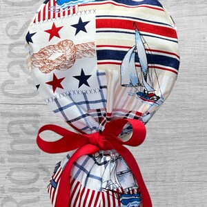Nautical Design Ponytail Scrub Cap for Women, Scrub Hat, Surgical Hat, Scrub Caps