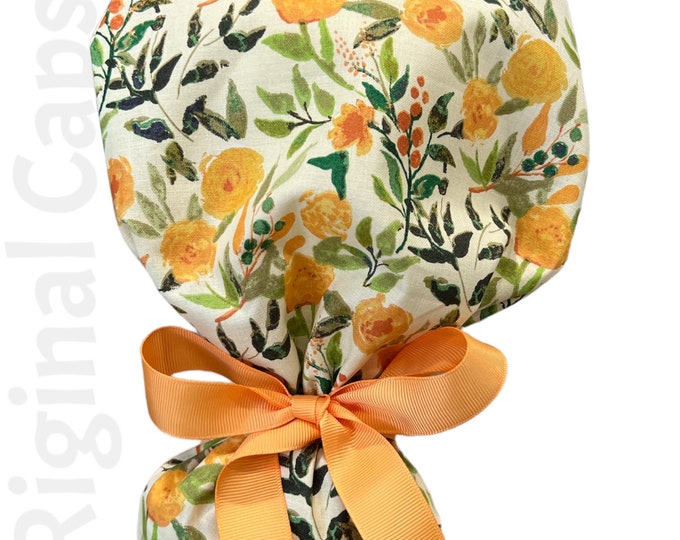 Orange Floral Print Ponytail Scrub Cap for Women, Scrub Hat, Surgical Hat