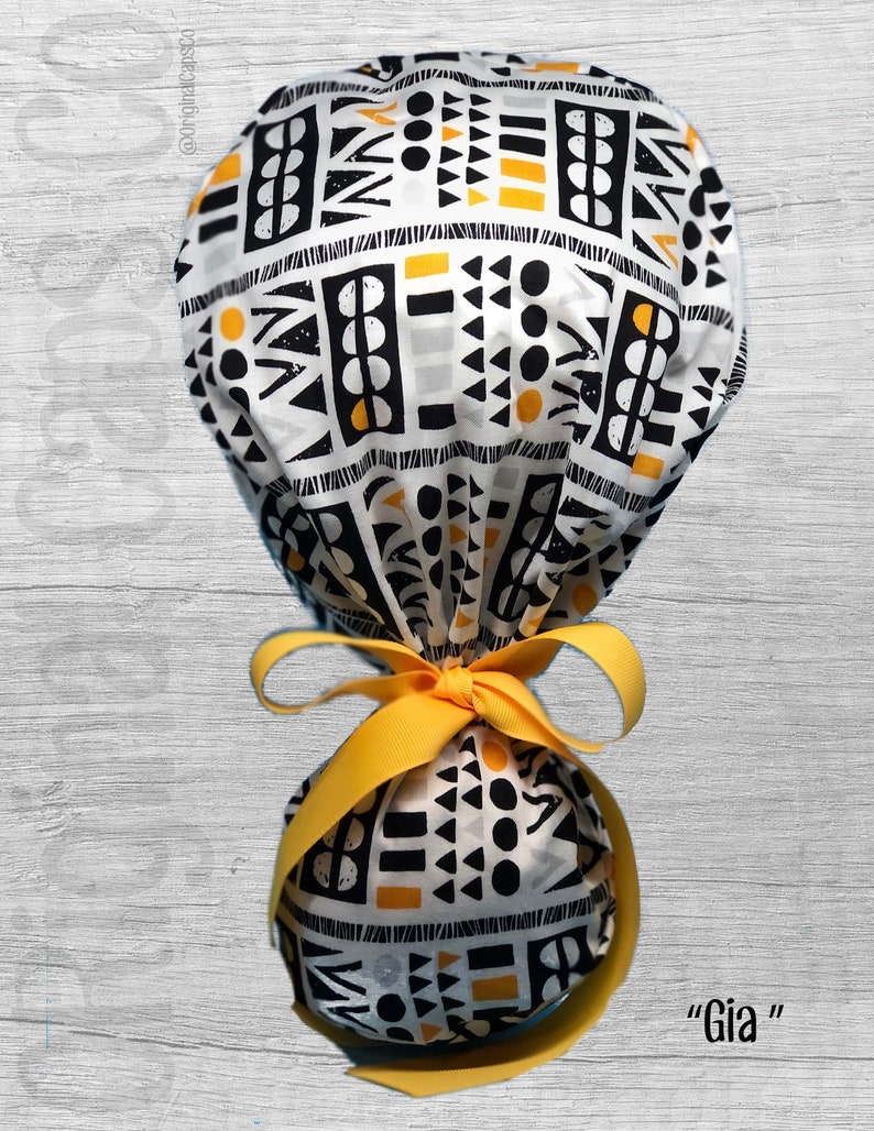 Yellow Grey Tribal Block Design Ponytail Scrub Cap for Women Scrub Hat Surgical Hat Gia Black