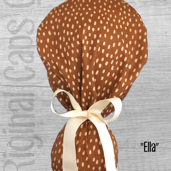 Rust with Beige Dots Print Ponytail Scrub Cap for Women, Scrub Hat, Surgical Hat "Ella", Surgical Caps