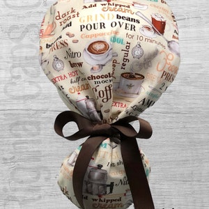 Coffee Design Ponytail Scrub Cap for Women, Scrub Hat, Surgical Hat "Ariana", Surgical Caps