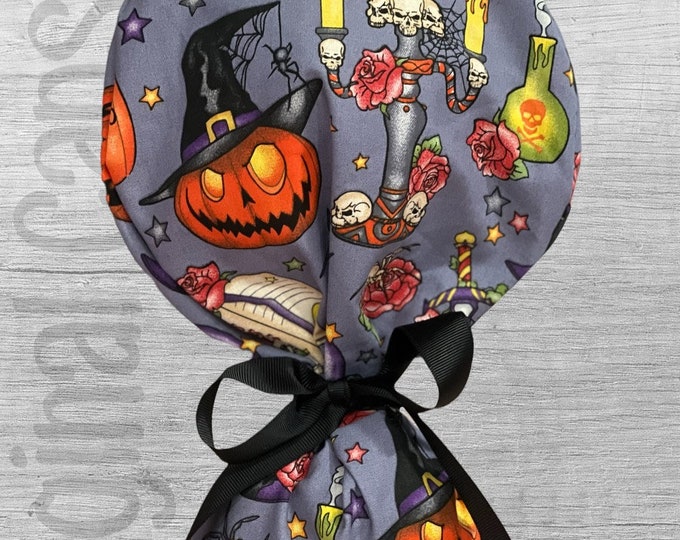 Halloween Goodies Print Ponytail Scrub Cap for Women, Scrub Hat, Surgical Hat , Surgical Caps