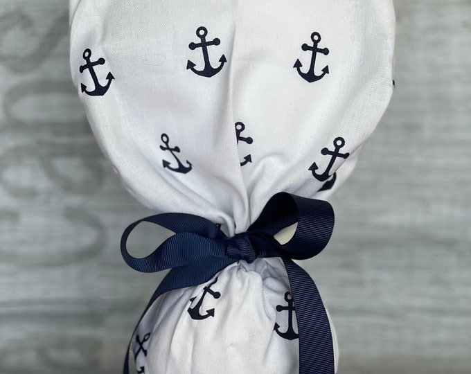 Blue Anchors on White Print Ponytail Scrub Cap for Women, Scrub Hat, Surgical Hat