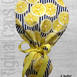 Lemon Slices on Blue and White Stripes Print Ponytail Scrub Cap for Women, Scrub Hat, Surgical Hat &quot;Linda&quot;, Surgical Caps
