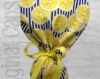 Lemon Slices on Blue and White Stripes Print Ponytail Scrub Cap for Women, Scrub Hat, Surgical Hat "Linda", Surgical Caps