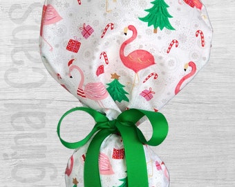 Holiday Flamingo  Design Ponytail Scrub Cap for Women, Scrub Hat, Surgical Hat "Merry 4"
