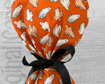 Glow In The Dark Mini Ghosts Halloween Print Ponytail Scrub Cap for Women, Scrub Hat, Surgical Hat , Surgical Caps