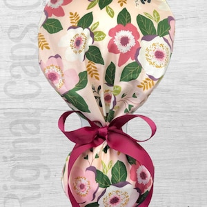 Floral Design in Mauve, Olive, Lavender on Light Pink Background Ponytail Scrub Cap for Women, Scrub Hat, Surgical Caps &quot;Bonnie&quot;