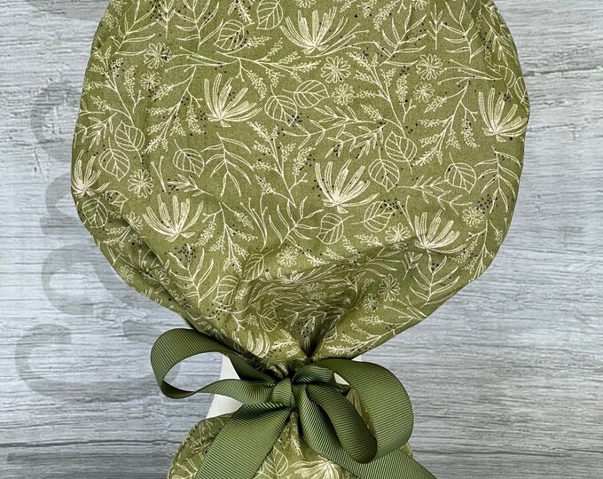Cream Leaves and Floral on Green  Print Ponytail Scrub Cap for Women, Scrub Hat, Surgical Hat