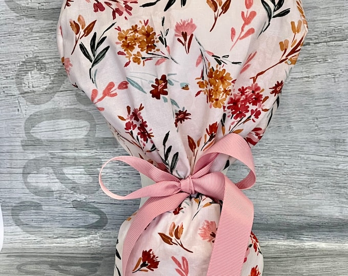 Beige and Rust Floral  Print Ponytail Scrub Cap for Women, Scrub Hat, Surgical Hat