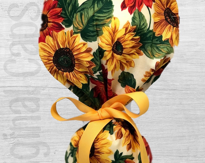 Multi Sunflower Design Ponytail Scrub Cap for Women, Scrub Hat, Surgical Hat "Annika", Surgical Caps