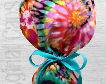 Vibrant Tie Dye Design Ponytail Scrub Cap for Women, Scrub Hat, Surgical Hat "Audrey"