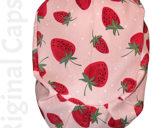 Small Euro Scrub Cap for Women, Strawberries on Pink Euro Scrub Cap for Women, Small Euro Scrub Cap, Surgical Cap, Surgical Cap