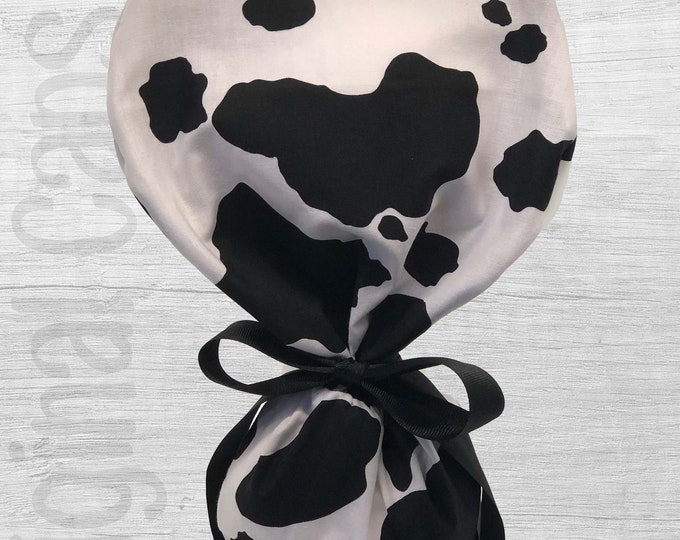 Black and White Cow  Print Ponytail Scrub Cap for Women, Scrub Hat, Surgical Hat "Kona", Surgical Caps