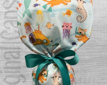 Ocean Cats Ponytail Scrub Cap for Women, Scrub Hat, Surgical Hat