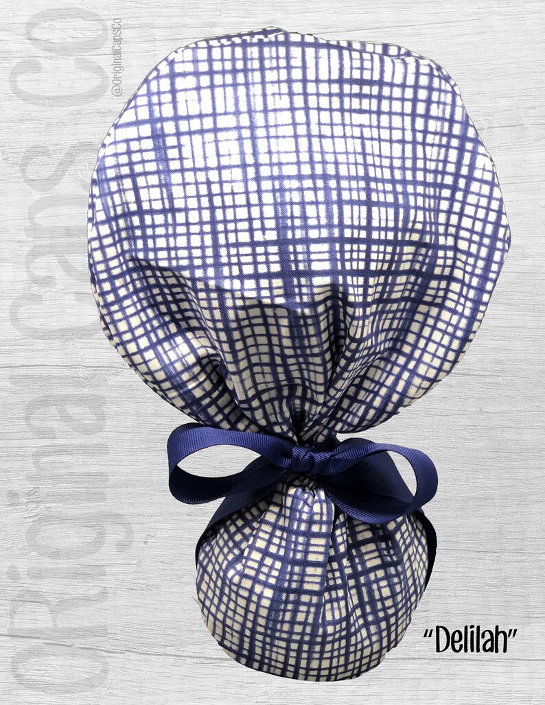Surgical Hat Delilah Light Navy Check Print Ponytail Scrub Cap for Women Scrub Hat