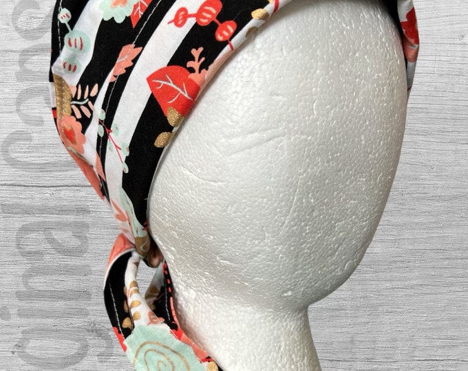 Coral and Mint  Pixie Scrub Cap, Surgical Cap, Scrub Hat, Scrub Cap for Women, Scrub Cap