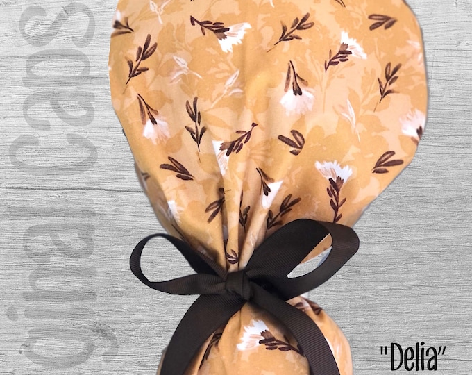 Dijon, Tan and Brown with White Flowers Print Ponytail Scrub Cap, Ponytail Scrub Hat, Surgical Caps, Scrub Hats "Delia", Surgical Caps