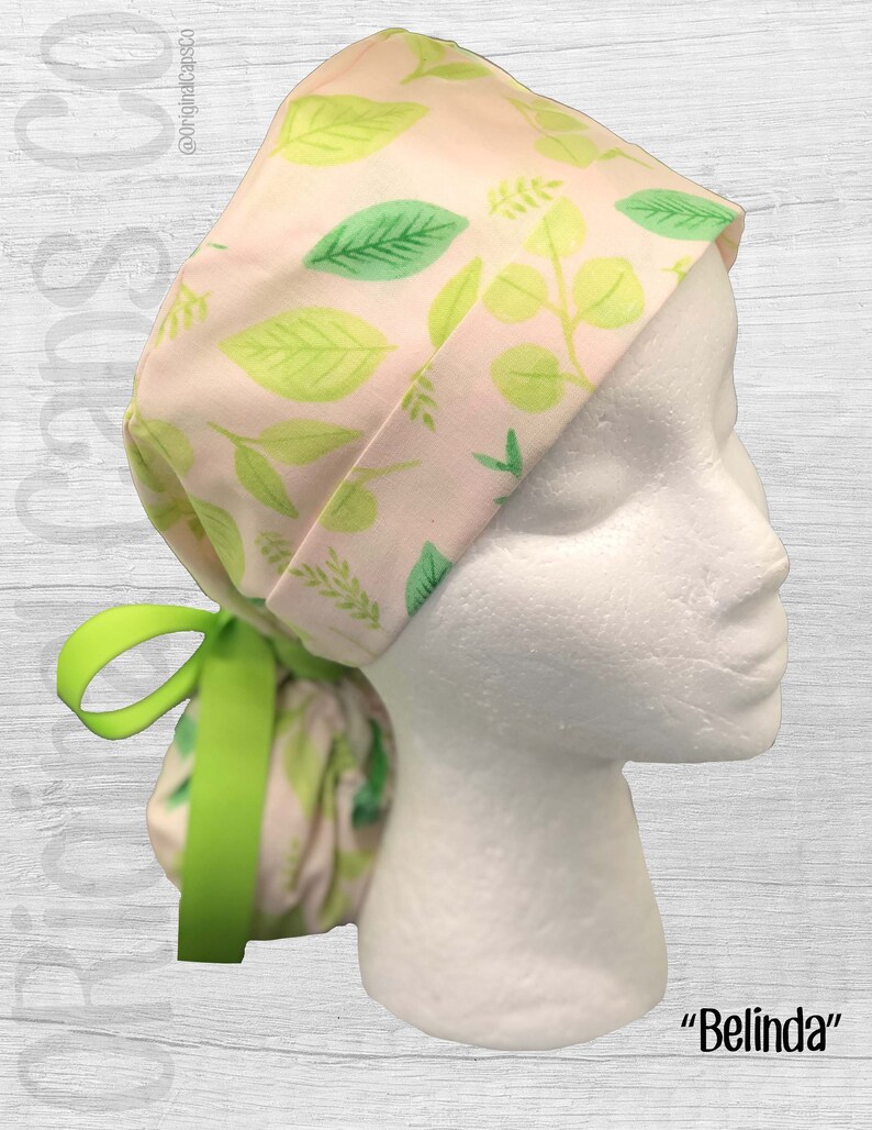 Scrub Hat Leaves on Light Pink Design Ponytail Scrub Cap for Women Surgical Hat Belinda