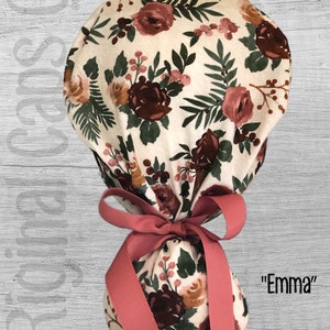 Tan, Taupe and Mauve Floral Design Ponytail Scrub Cap for Women, Scrub Hat, Surgical Hat &quot;Emma&quot;