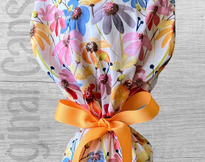 Coneflower Floral Print Ponytail Scrub Cap for Women, Scrub Hat, Surgical Hat