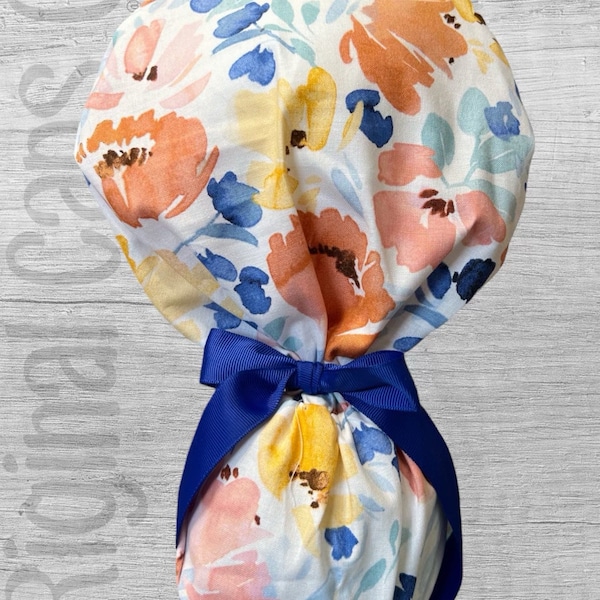 Coral, Yellow, Blue Floral Print Ponytail Scrub Cap for Women, Scrub Hat, Surgical Hat