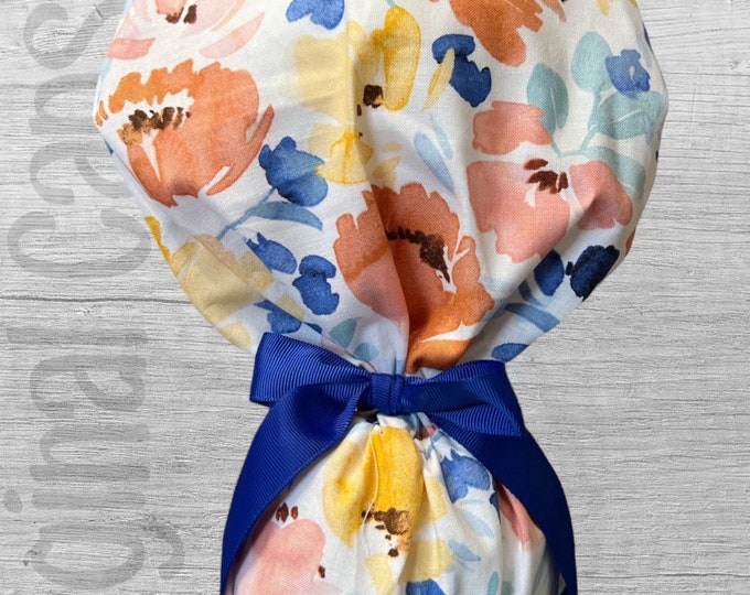 Coral, Yellow, Blue Floral Print Ponytail Scrub Cap for Women, Scrub Hat, Surgical Hat