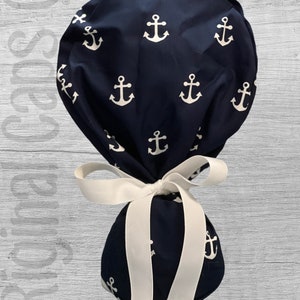 Navy with White Anchors Print Ponytail Scrub Cap for Women, Scrub Hat, Surgical Hat , Surgical Caps