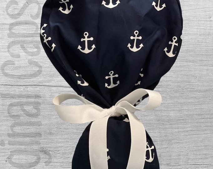 Navy with White Anchors Print Ponytail Scrub Cap for Women, Scrub Hat, Surgical Hat , Surgical Caps