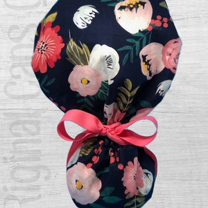 Wispy Rose and Mum Floral Design Ponytail Scrub Cap for Women, Scrub Hat, Surgical Hat "Madeline"