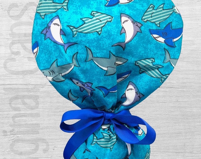 Sharks on Blue Background Design Ponytail Scrub Cap for Women, Scrub Hat, Surgical Hat