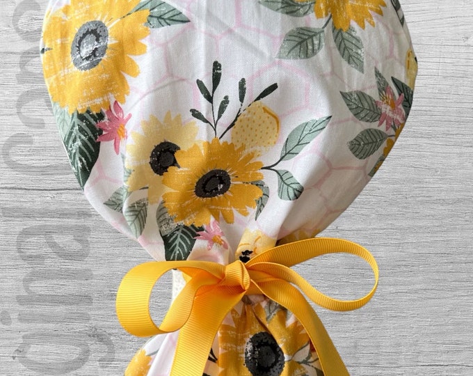 Sunflowers and Honeycomb Design Ponytail Scrub Cap for Women, Scrub Hat, Surgical Caps