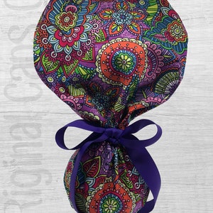 Floral Doodle on Purple Background Ponytail Scrub Cap for Women, Scrub Hat, Surgical Hat "Chelsea", Surgical Caps