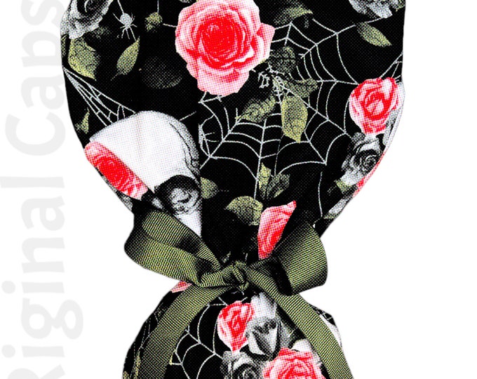 Skulls and Pink Roses Print Ponytail Scrub Cap for Women, Scrub Hat, Surgical Hat