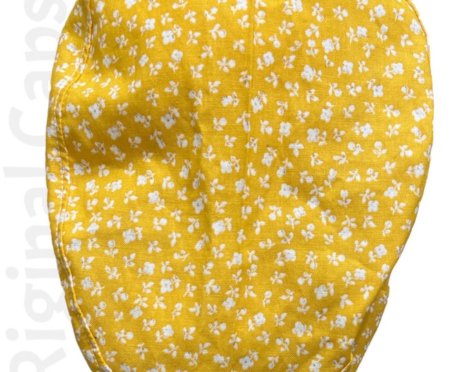 Small Euro Scrub Cap for Women, White Mini Flowers on Yellow, Small Euro Scrub Cap, Surgical Cap, Scrub Cap for Women , Surgical Caps