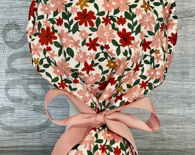 Pink, Mauve, Rust, Mustard and Green Cottage Floral on Off White Print Ponytail Scrub Cap for Women, Scrub Hat, Surgical Hat