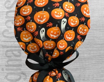 Pumpkin and Ghost Halloween Print Ponytail Scrub Cap for Women, Scrub Hat, Surgical Hat, Surgical Caps