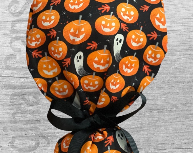 Pumpkin and Ghost Halloween Print Ponytail Scrub Cap for Women, Scrub Hat, Surgical Hat, Surgical Caps