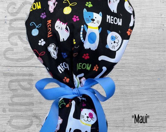 Cats Meow Print Ponytail Scrub Cap, Ponytail Scrub Hat, Surgical Caps, Scrub Hats "Maui", Surgical Caps