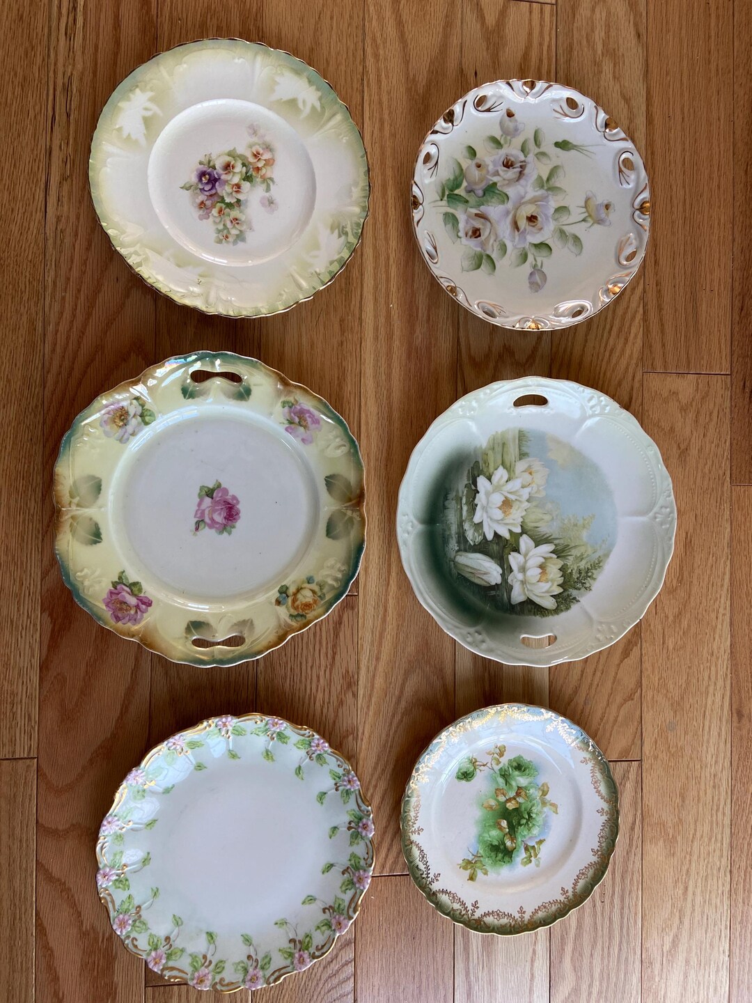 Vintage Floral Plates Set: Hand-painted Roses and Designs With a Green ...