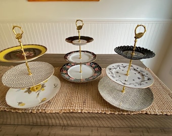 Vintage Black Three Tier Plate Stand: Gold Hardware, Elegant Tea Party Serving