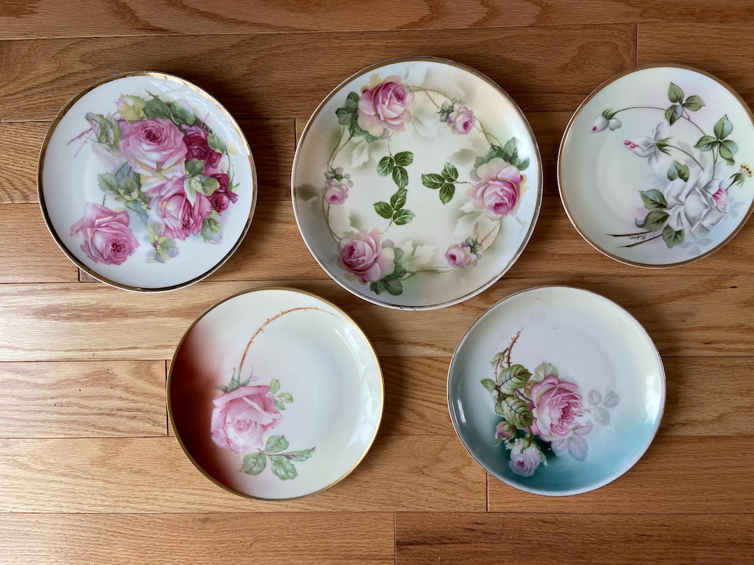 Vintage Floral Five Plate Collage: Hand-painted Rose Set, Cottage Style ...
