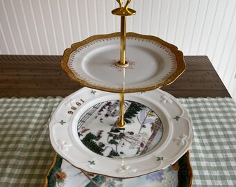 Soporte para platos vintage de 3 niveles, elegante bandeja para servir, Navidad de 1986.