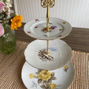 Vintage china Three Tier cake stand. Perfect for a romantic fun soirée! Tea time, elegant serving plate. Mismatched china. Cupcake tray #102