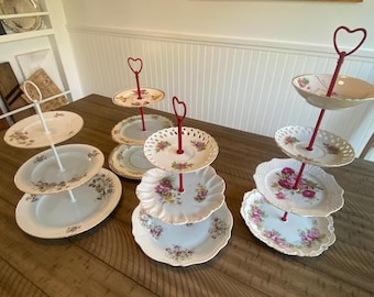 Vintage Three Tier Plate Stand: Red & White China, Elegant Tea Party Serving